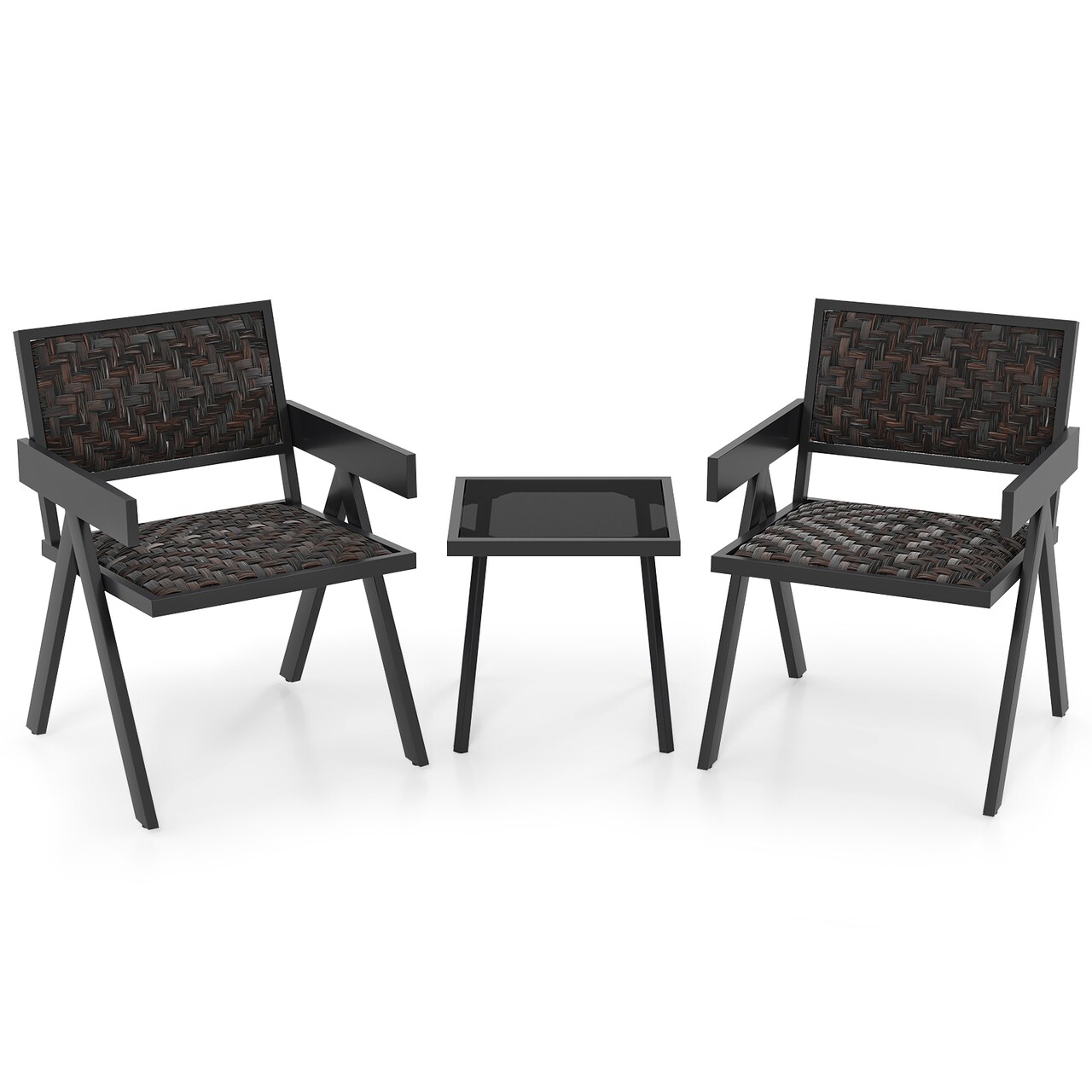 3-Piece PE Rattan Patio Bistro Set Mix Brown Wicker Chairs with Quick-Dry Foam & Tempered Glass Table